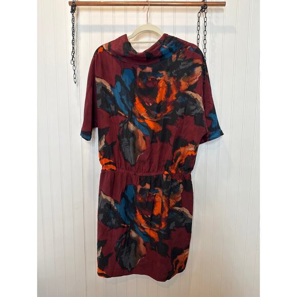Kenneth Cole Silk Mini Dress Maroon Geometric Floral Vintage Styled Boho Size L - Picture 2 of 7